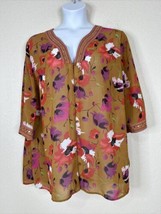 Maggie Barnes Womens Plus Size 1X Brown Floral V-neck Button Up Shirt 3/4 Sleeve - £11.20 GBP