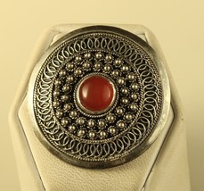 Vintage Sterling Sigd 925 Round Carnelian Stone Filigree Ornate Brooch - £35.60 GBP