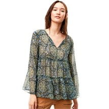LOFT Navy &amp; Green Floral Sheer Paisley Bell Sleeve Tiered Boho Blouse Si... - £16.96 GBP