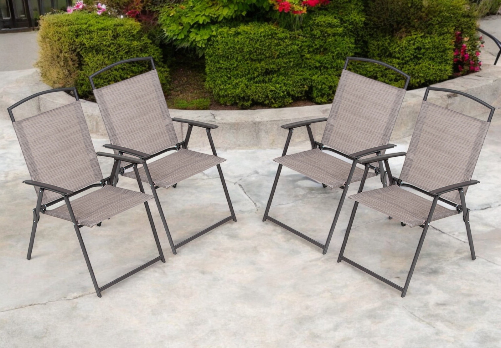 Set of Four 35&quot; Brown Steel Sling Outdoor Folding Arm Chairs - $264.80