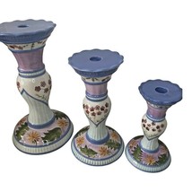 Capriware 3-Piece Pillar Candleholder Set Blue Purple Floral Hand Painted VTG - £43.60 GBP