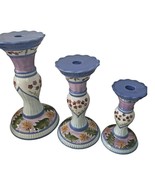 Capriware 3-Piece Pillar Candleholder Set Blue Purple Floral Hand Painte... - £43.33 GBP