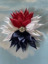 HANDMADE RED, WHITE &amp; BLUE SATIN KANZASKI FLOWER FOR HEADBAND, CORSAGE O... - $13.86