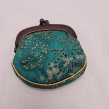 Chinese Silk Embroidered Coin Purse faux tortoise clasp Blue gold trim - $24.75