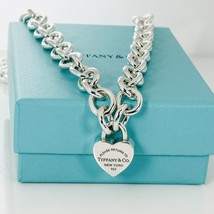 18&quot; Return to Tiffany &amp; Co Heart Padlock Lock Pendant Rolo Necklace in Silver - £583.10 GBP