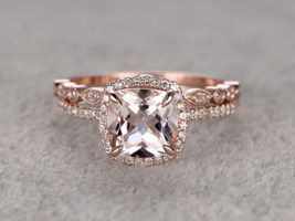 1.25Ct Cushion Morganite 14k Rose Gold Finish Bridal Wedding Engagement Ring Set - £67.25 GBP