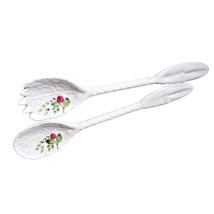 Vintage Set 2 Ceramic White Flower Salad Fork Spoon Crab Claw Tongs Stir - $16.48