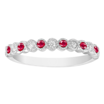 18ct White Gold Diamond &amp; Ruby Half  Eternity Milgrain Stackable Band 0.09ct - £242.29 GBP