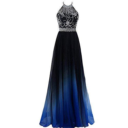 Kivary Sheer Beaded Halter Gradient Ombre Chiffon Long Prom Evening Dress Black