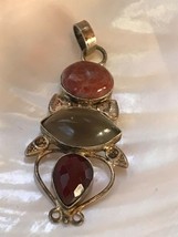 Estate Long Oval Rust Pinched Oval Gray &amp; Teardrop Faceted Ruby Red Stone in 925 - £11.71 GBP