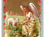 Otto Schloss Vintage Fröhliche Ostern Angel &amp; Lamb German Easter Postcar... - $35.99