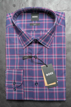 Hugo Boss Men&#39;s Hank Kent Slim Fit Dark Blue Check Cotton Dress Shirt 44... - $71.27