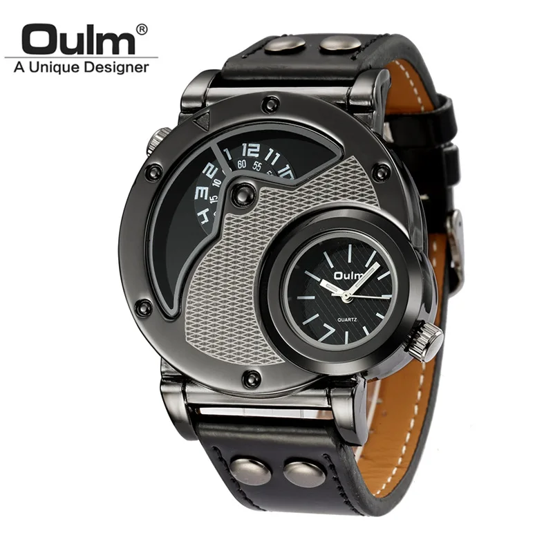 Oulm 9591 Antique Male Watch Two Time Zone Display   Men&#39;s Wristwatch Casual Lea - £49.74 GBP