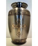 Cross Etched Foliage Pewter Solid Brass Cremation Urn Adult Large - $79.99