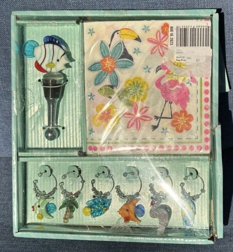 Primary image for Wine Art Glass Accessories 8pc Set Tropical Summer Fish Charms Stopper Napkins