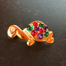 Vintage Small Goldtone Turtle w Red Green &amp; Blue Jelly Cab Shell &amp; Rhinestone  - £11.70 GBP