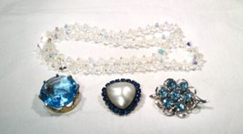 Vintage Blue Rhinestone Brooches &amp; Aurora Borealis Necklace Lot K248 - £43.52 GBP