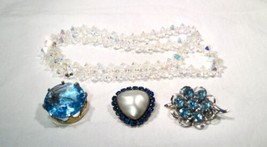 Vintage Blue Rhinestone Brooches &amp; Aurora Borealis Necklace Lot K248 - £40.66 GBP