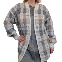 VTG 70s Womens Size L Chunky Knit Oversized Cardigan Plaid Open Front Textured - £29.69 GBP