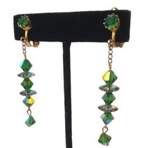 Art Deco AB Crystal Dangle Earrings Green Faceted Green Gold Tone Victor... - $34.64