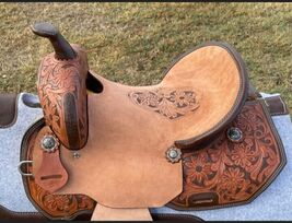 Floral Tooled Leather Western Barrel Saddle Hand Carved on Seat matching... - $449.10