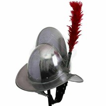 Handmade Kettle Helmet Marion Helmet with Red Plume of feather Spanish Helmet - £106.91 GBP