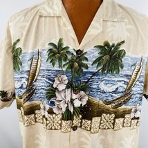 Favant Aloha Hawaiian L Shirt Hibiscus Outrigger Beach Palm Trees Tapas Beige - £32.12 GBP