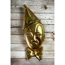 Crying Circus Clown Face Brooch Gold Tone Pin Sad Jester Head 3&quot; - £11.15 GBP
