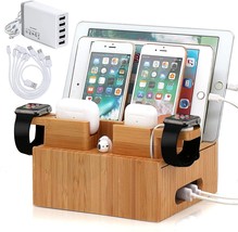 Multi Device Bamboo Charging Station and Organizer with Double Pod &amp; Watch Stand - £47.25 GBP