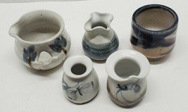 Vtg Artisan Handcrafted Blue &amp; White Glazed Pottery Mini Pot Vase Creamer Lot  - £23.14 GBP