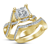 Vintage Yellow Gold Over Solid 925 Silver D/VVS1 Diamond Women&#39;s Bridal Ring Set - £76.97 GBP