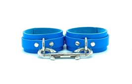 BDSM Light Blue Leather Candice Handcuffs with Silver Hardware, Submissi... - £55.06 GBP