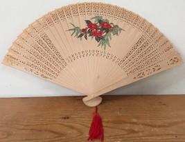 Vtg Antique Japanese Sensu Chinese Asian Carved Wood Floral Ducks Fold O... - $125.00