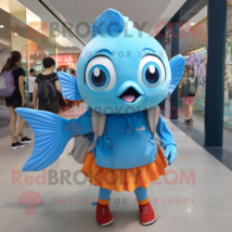 Sky Blue Goldfish mascot costume character dressed with a Shift Dress and Backpa - £978.88 GBP