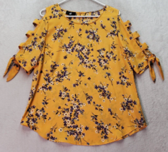 Iz Byer Blouse Top Womens Large Yellow Floral Sheer Short Sleeve Round Neck - £17.69 GBP