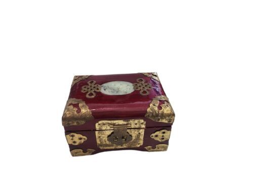 Primary image for Vintagr China wood Jewelry Box with Brass Accents and Inlaid Jade Decor Stamped