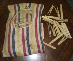 Vintage Clothes Pin Bag Metal Hanger With Wooden And Spring Clothes Pins... - £18.34 GBP