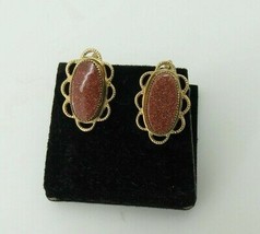 Vintage Goldstone Earrings Gold Filled Screw Back Scalloped Edges Open W... - £25.95 GBP