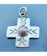 NAVAJO VINTAGE 925 STERLING SILVER NATURAL CORAL CROSS PENDANT - $99.39 CAD