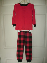 NEW Kids 2 Pc Pajama Set sz 5 red &amp; black plaid flannel pants &amp; knit top LS - £5.87 GBP