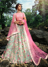 Beautiful Mint Green And Pink Floral Designer Embroidery Wedding Lehenga Choli - £116.39 GBP