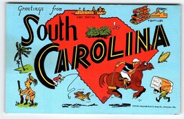 Greetings From South Carolina Polo Pony Horse Fishing Postcard Map Linen Kropp - £13.37 GBP