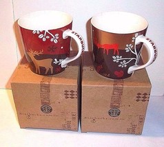 RARE Holiday STARBUCKS Mugs 2 Wolf Reindeer Christmas Gold Red Taiwan Boxes - £71.05 GBP
