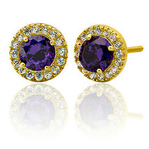 2.39CT Women&#39;s Elegant 14K Gold Halo Round Dark Amethyst Stud Earrings  - £33.18 GBP