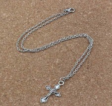 Alloy Mini Jesus Cross Charm Pendant Vintage Antique Silver Tone w/ 18&quot; Necklace - £3.95 GBP