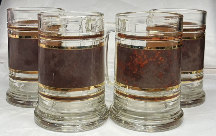 Primary image for Vintage Barware 4 MCM Culver Beer Mugs Glasses Tortoise Shell & Gold Retro