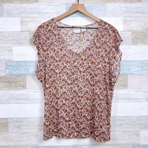 Rachel Zoe Floral Linen Tee Beige Brown Flutter Sleeve V Neck Casual Womens XL - $34.64