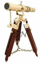 Brass Nautical Polished Telescope With Wooden Marine Tripod Stand Desk Décor - $91.28