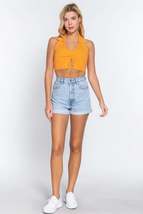 Mango Sherbet Yellow Halter Ruched Crop Sweater Knit Top - £7.96 GBP