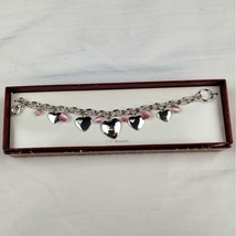 Vintage Women&#39;s Silver 7.5&quot; Bracelet W/ Heart&amp;Round Charms SKU3765 - $26.18